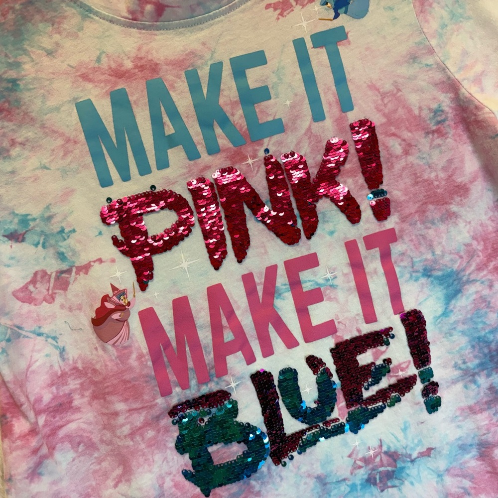 Disney Sleeping Beauty “Make It Pink Make It Blue” Sequin Tie Dye T-Shirt | M - Picture 11 of 16
